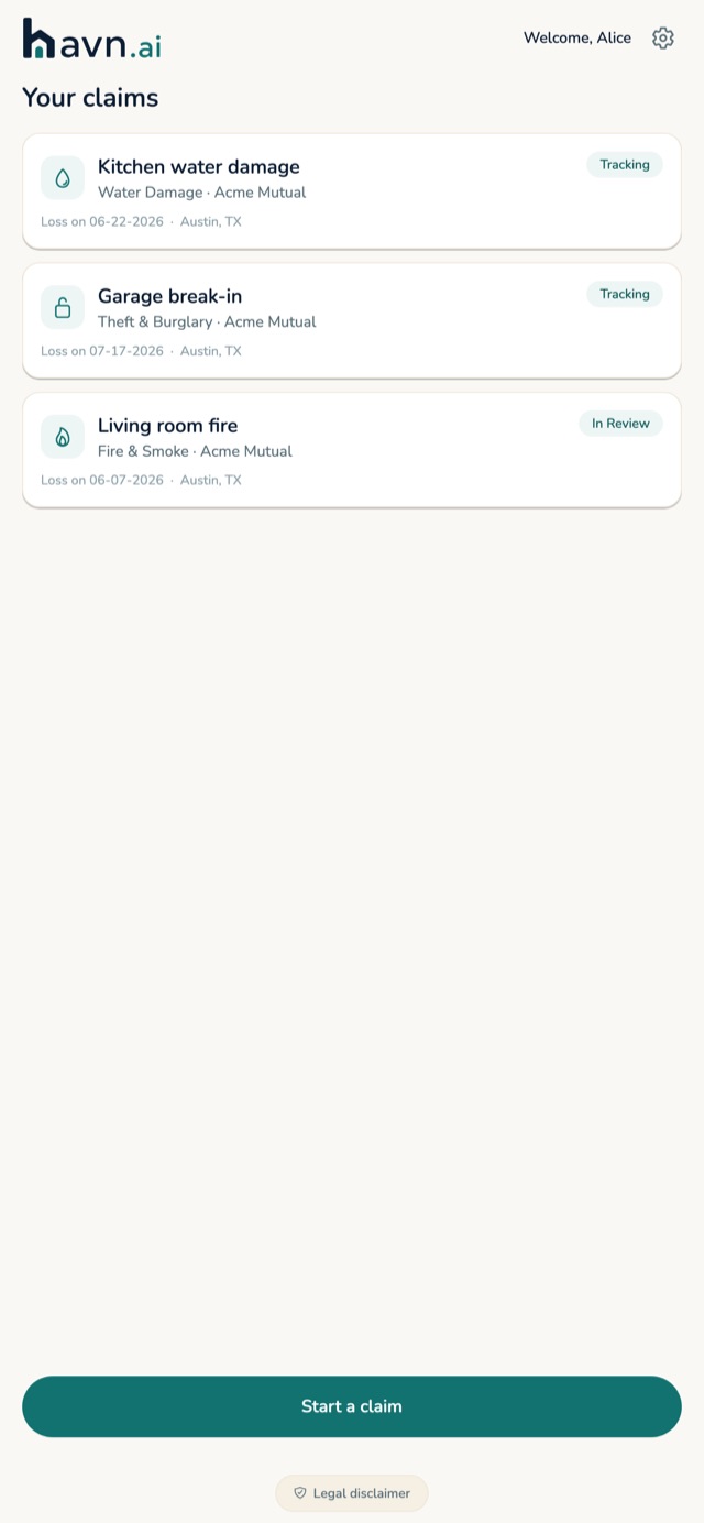 The Havn.ai claims list showing three separate claims — a kitchen water damage claim, a garage break-in, and a living room fire — each with its carrier, date of loss, location, and status.
