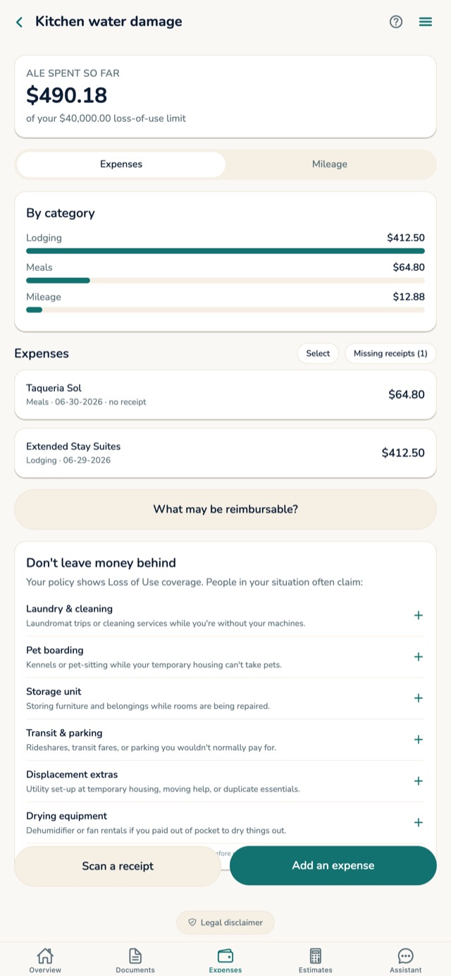 The expenses screen showing total loss-of-use spend against the policy limit, an expenses-and-mileage switch, a category breakdown of lodging, meals and mileage, individual expenses with a missing-receipts filter, and prompts for commonly missed costs like laundry, pet boarding and storage.