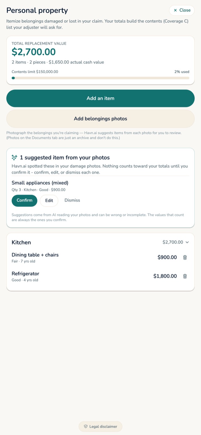 The personal-property screen showing a total replacement value with a contents-limit bar, an item that Havn.ai suggested from a damage photo waiting to be confirmed, and a room-by-room list of belongings with their condition and value.