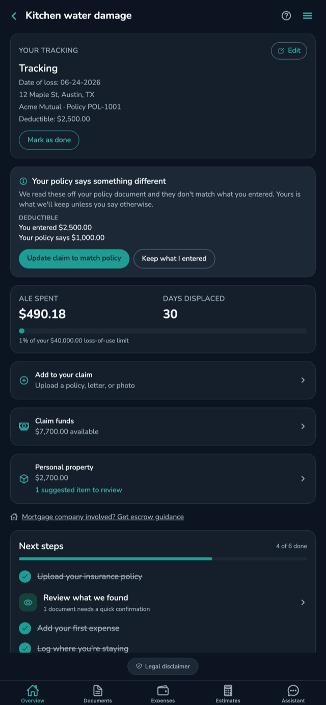 The same claim overview screen rendered in dark mode, with the same status, loss-of-use spend and next-steps cards on a dark navy background.